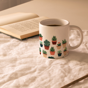 White mug with a variety of small illustrated potted plants design