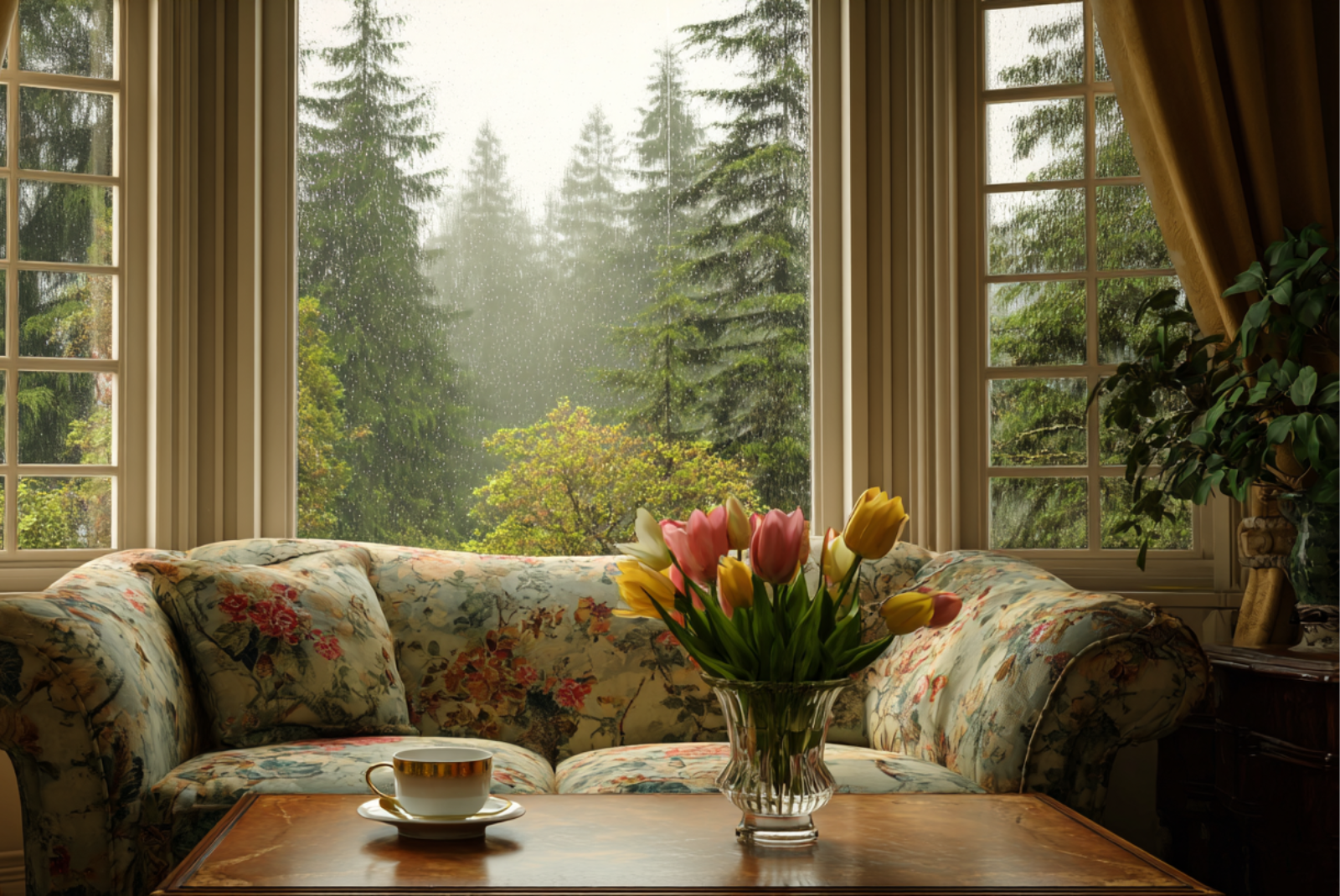 A floral-patterned couch in front of a window on a rainy day. A vase of colorful tulips sits on a coffee table.