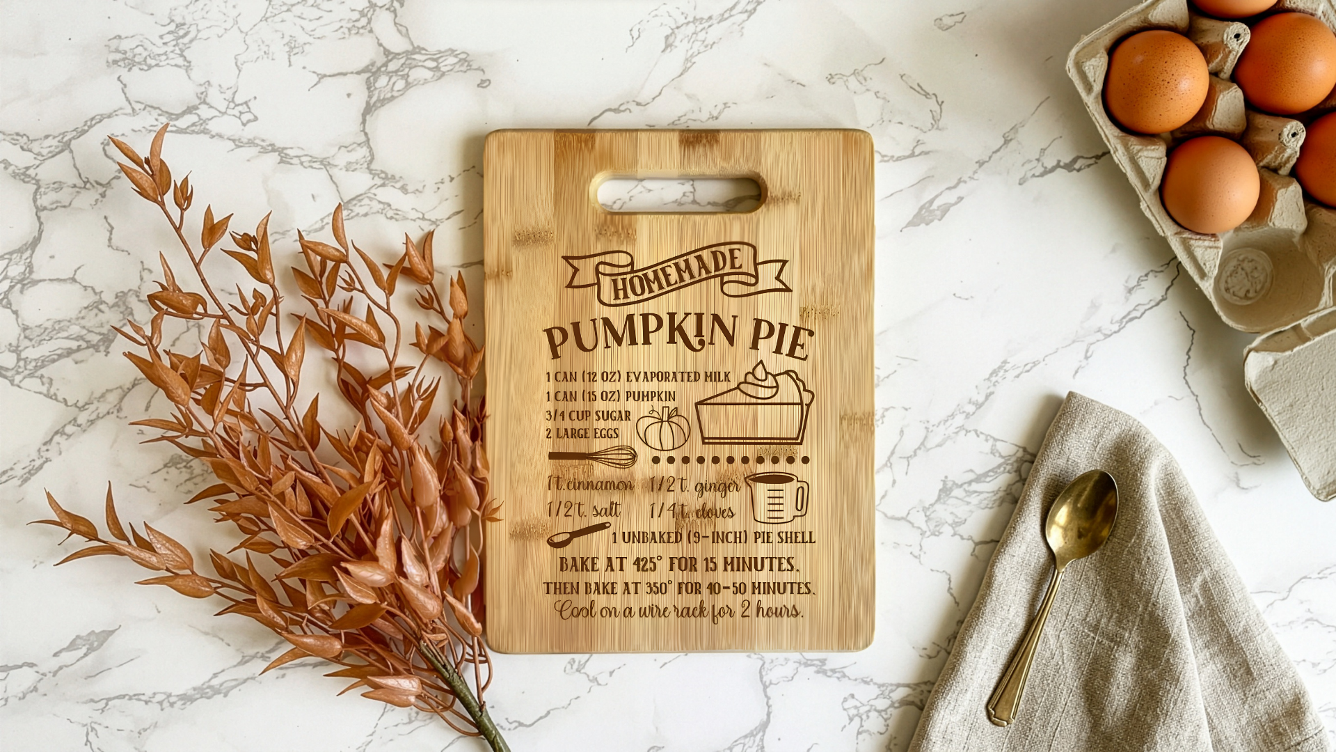A wooden cutting board with a pumpkin pie recipe carved into it.